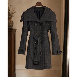Dark Academia Plaid Trench Coat Belted Cape Collar Women's Medium